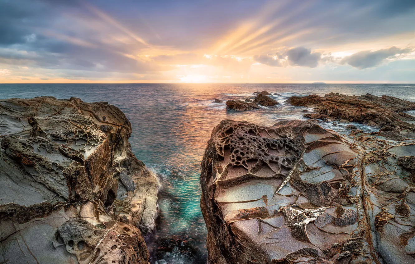 Photo wallpaper sea, the sun, stones, rocks, rocky shore