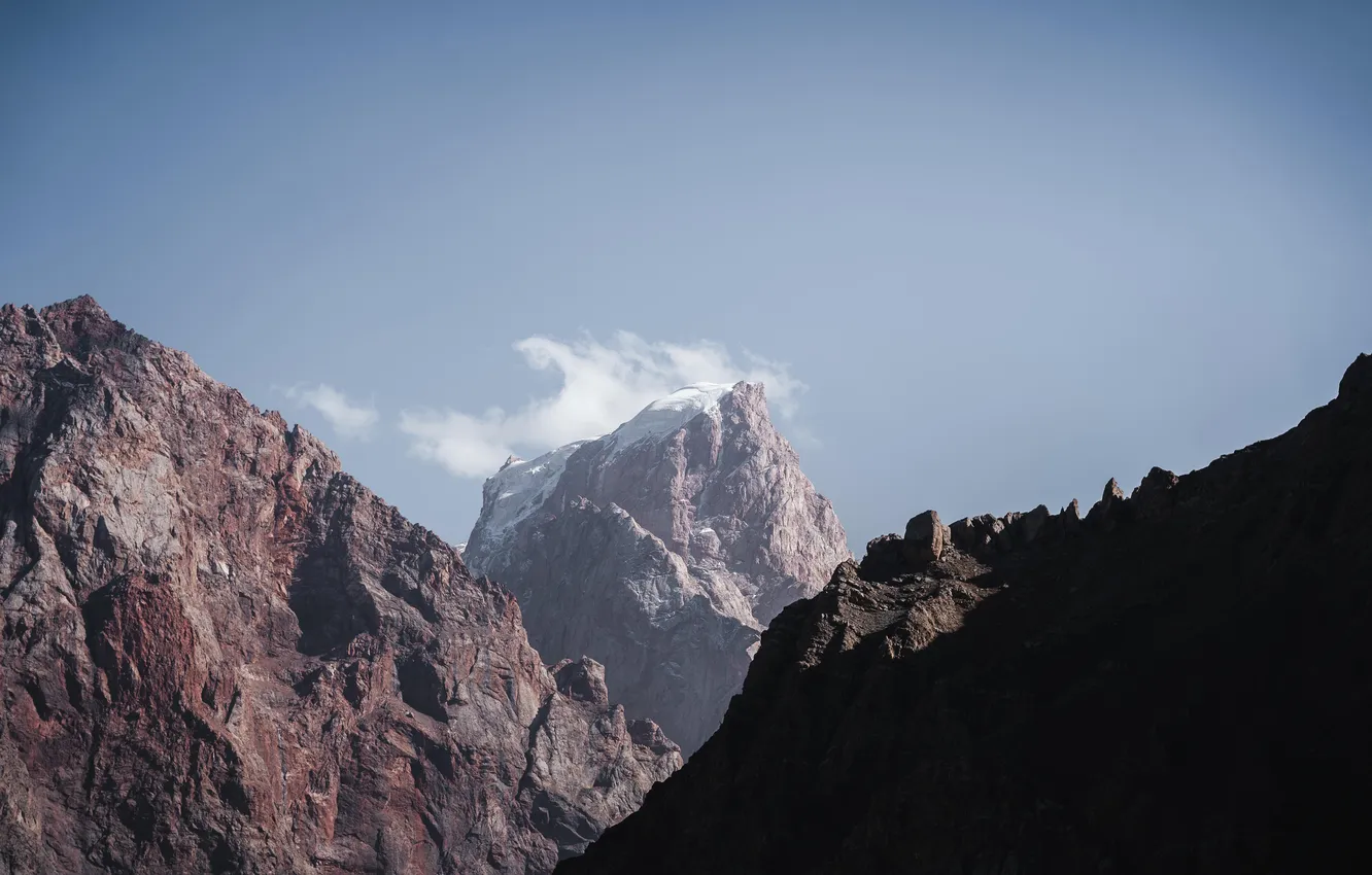 Photo wallpaper mountains, clouds, rocks, snow, Asia, Tajikistan