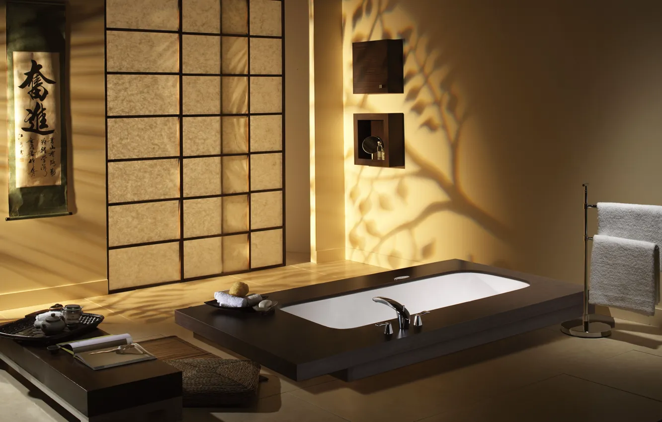 Photo wallpaper style, Wallpaper, interior, minimalism, bathroom, Japanese