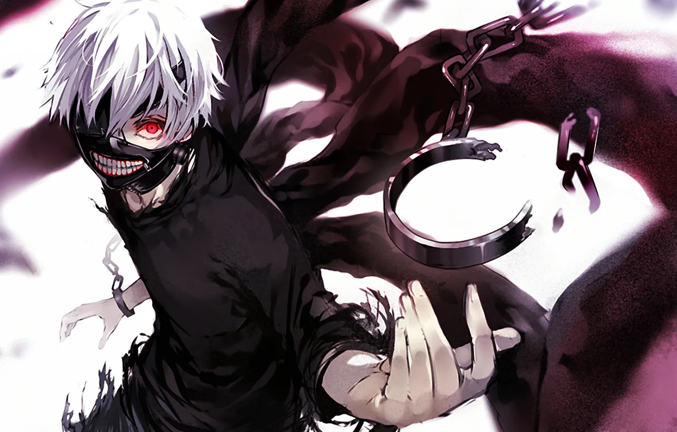 Photo wallpaper look, anime, mask, chain, white hair, anime, red eye, Tokyo Ghoul