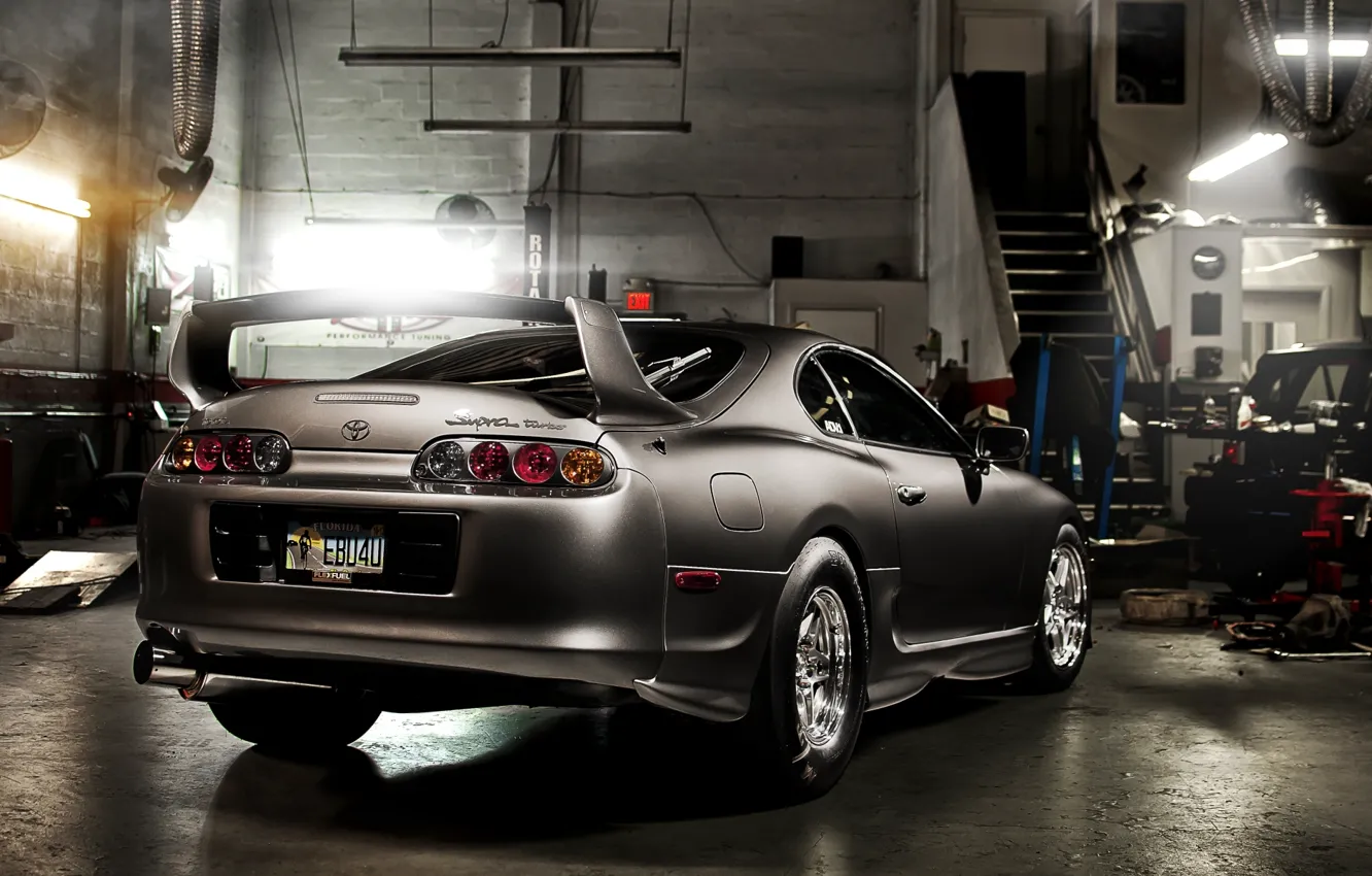 Photo wallpaper grey, tuning, garage, sports car, Toyota, drives, rear view, tuning