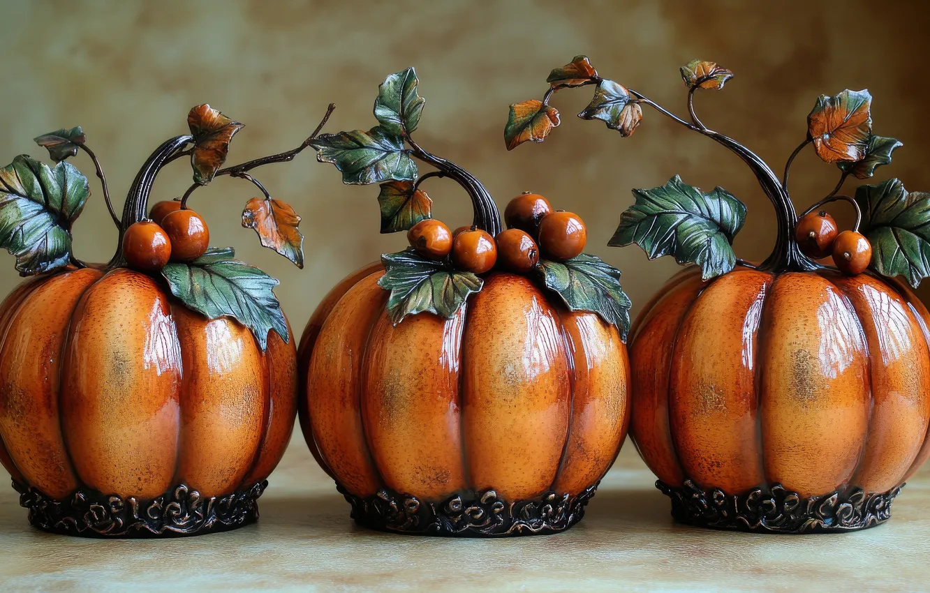 Photo wallpaper autumn, leaves, branches, berries, fruit, pumpkin, souvenir, composition