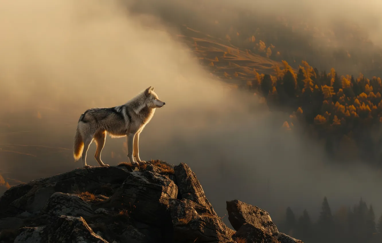 Photo wallpaper forest, trees, mountains, wolf, predator, digital art, AI art, The Art of Artificial Intelligence