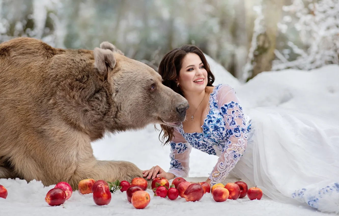Photo wallpaper pose, look, bear, snow, nature, winter, outfit, smile