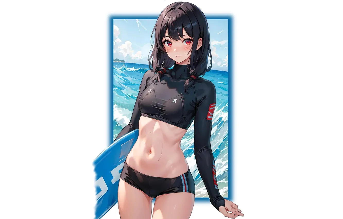 Photo wallpaper kawaii, girl, wet, beach, ocean, anime, water, red eyes