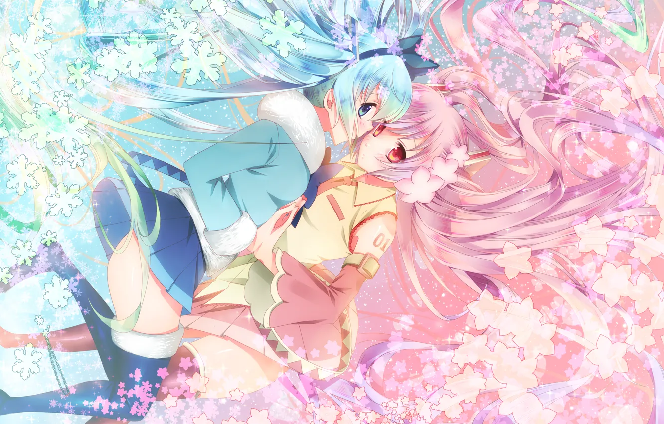 Photo wallpaper flowers, snowflakes, girls, anime, Sakura, art, vocaloid, sakura, mike