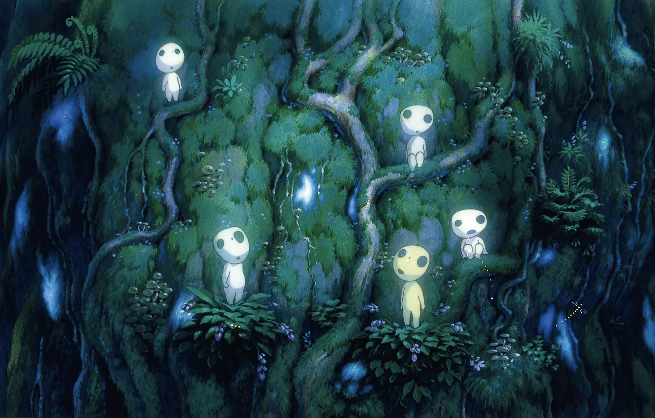 Photo wallpaper trees, moss, spirit, anime, dragonfly, Princess Mononoke, mononoke hime, Coding
