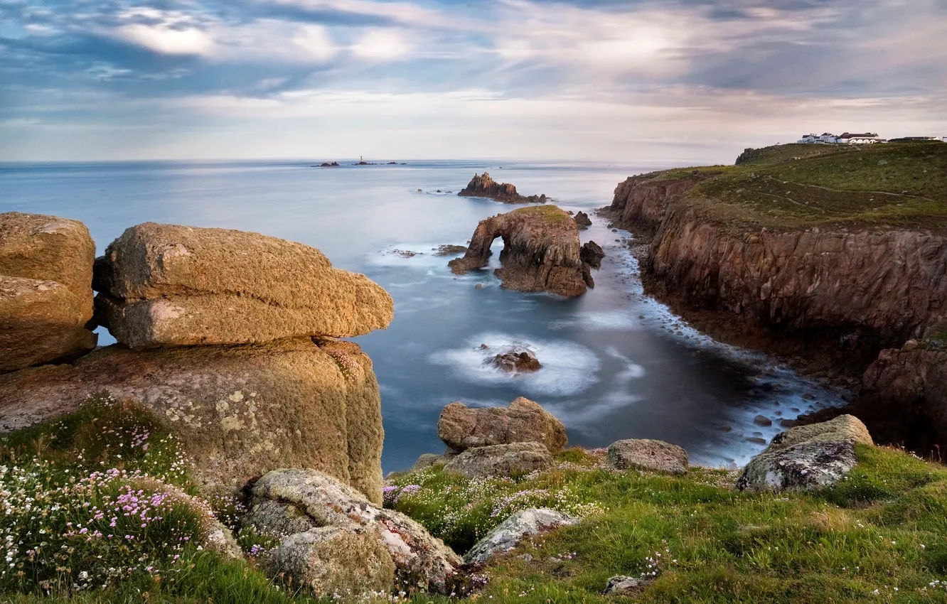 Photo wallpaper sea, the sky, water, clouds, sunset, stones, background, the ocean