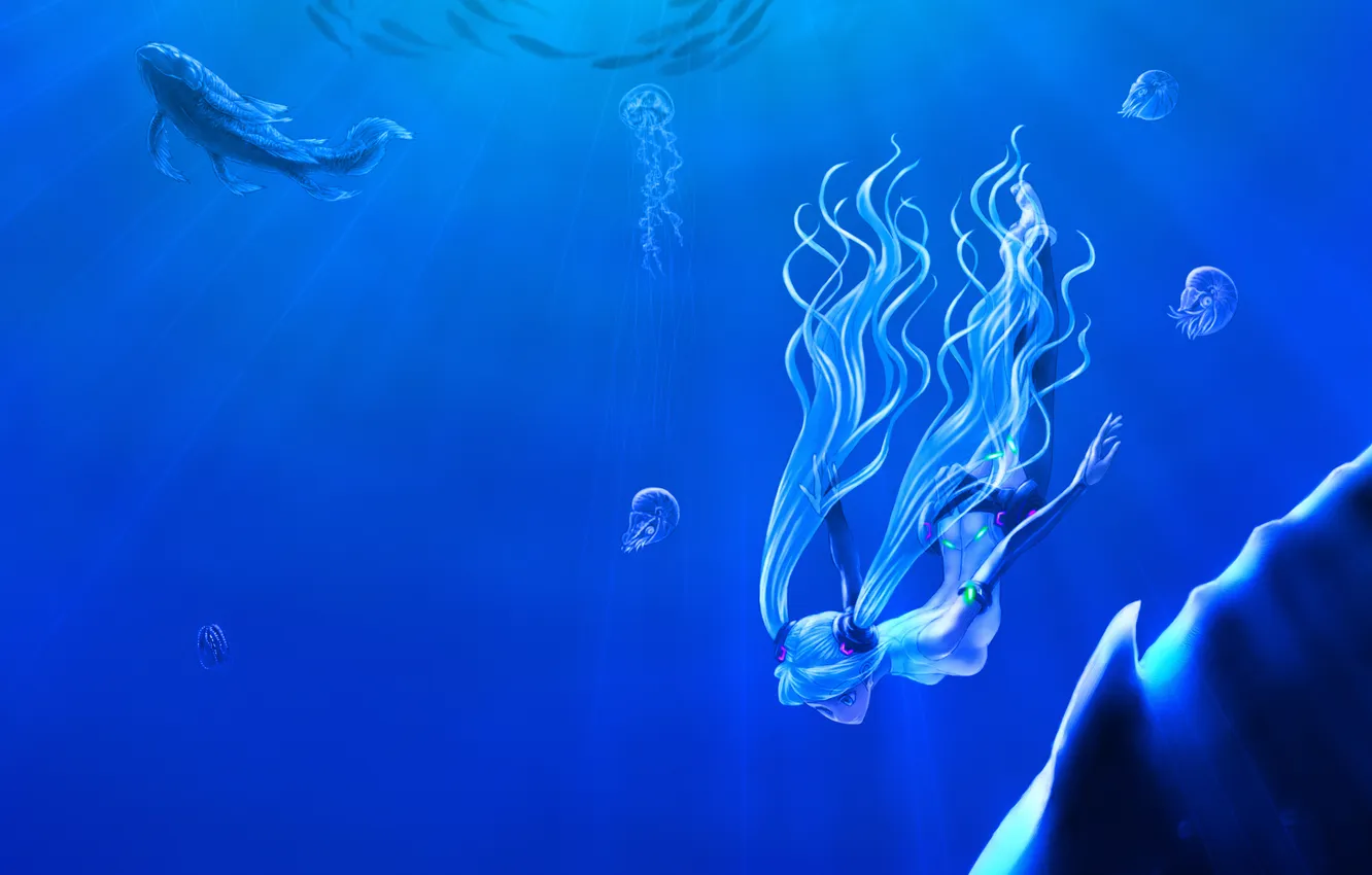 Photo wallpaper rays, fish, jellyfish, vocaloid, hatsune miku, under water, fin