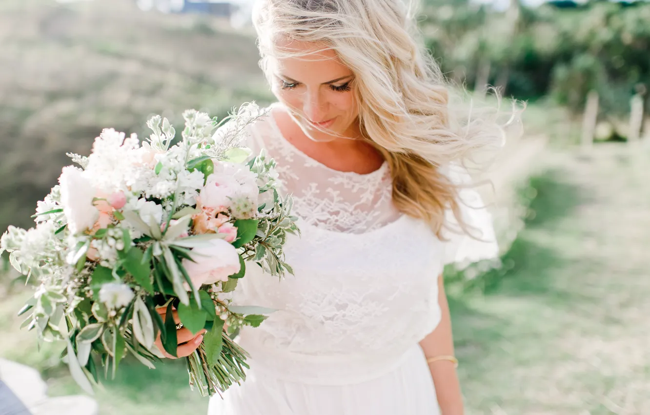 Photo wallpaper white, the wind, bouquet, dress, blonde, the bride