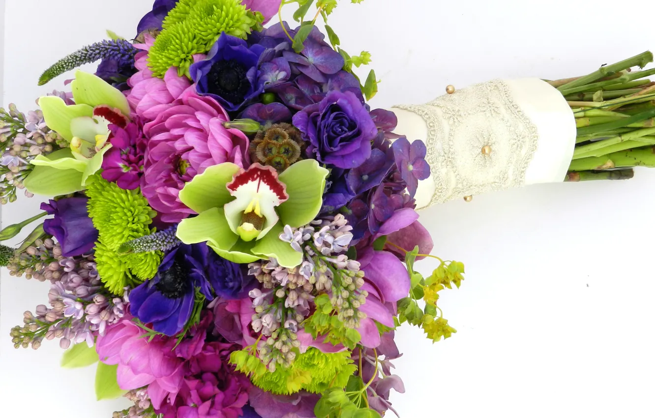 Photo wallpaper flowers, photo, roses, bouquet, Orchid, lilac, hydrangea, anemones