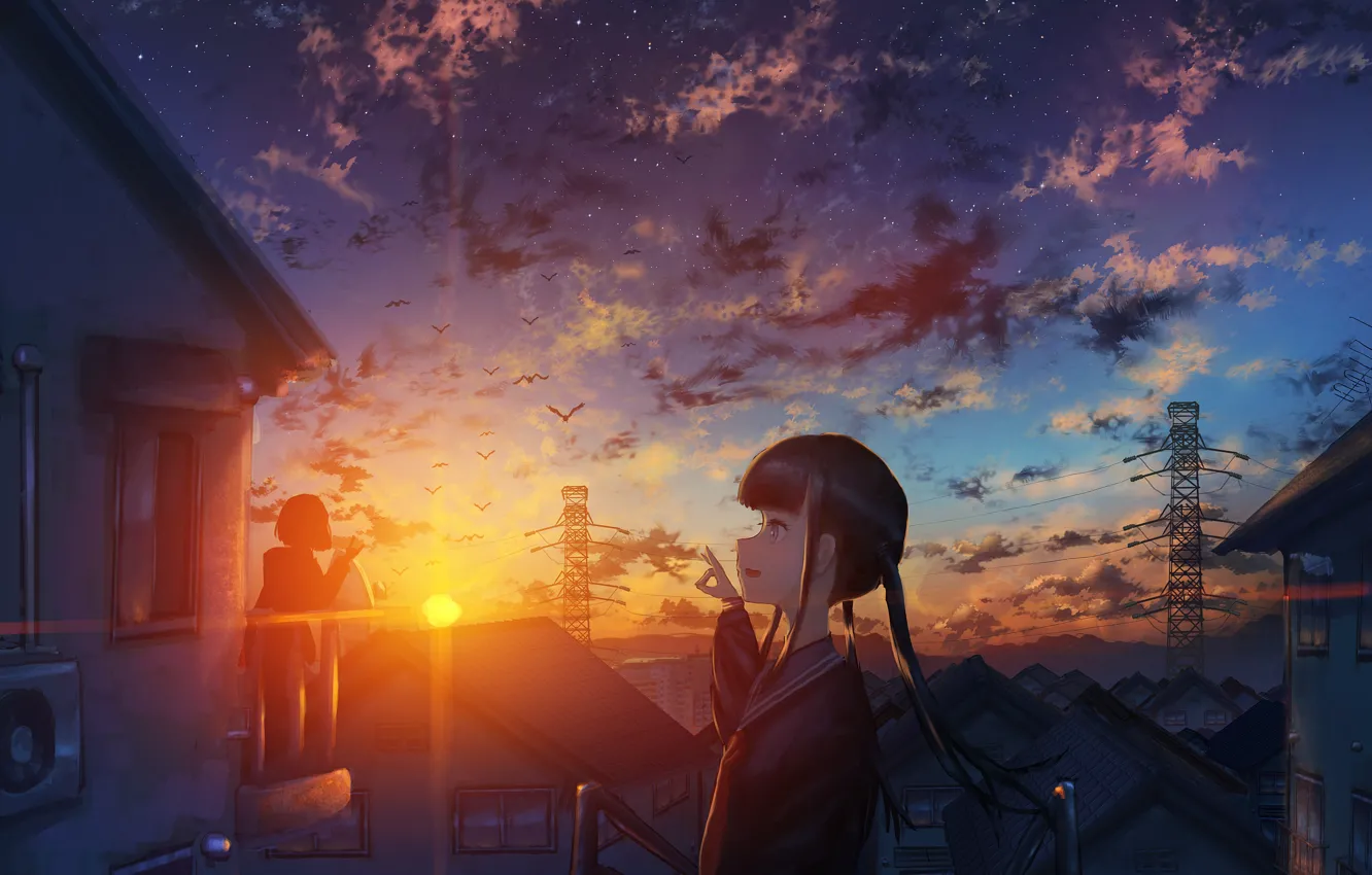 Photo wallpaper the sky, sunset, girl