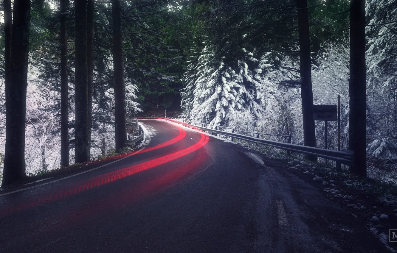 Photo wallpaper road, forest, light, snow, excerpt
