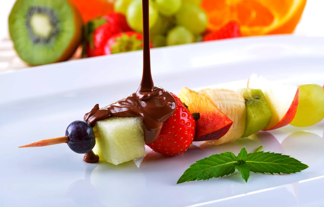Photo wallpaper orange, food, chocolate, kiwi, strawberry, grapes, fruit, banana
