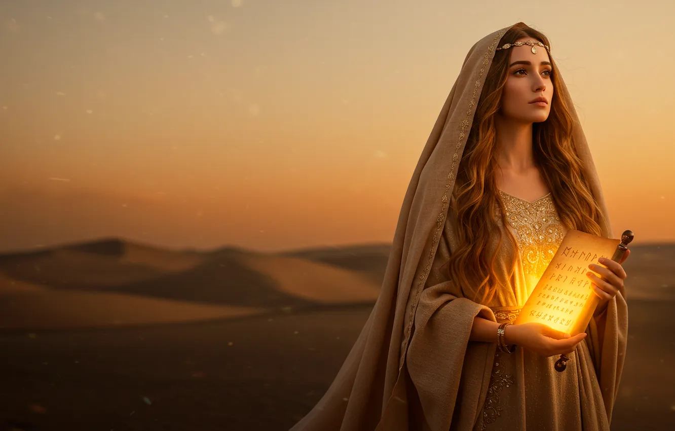 Photo wallpaper the sky, look, girl, light, sunset, pose, hills, desert