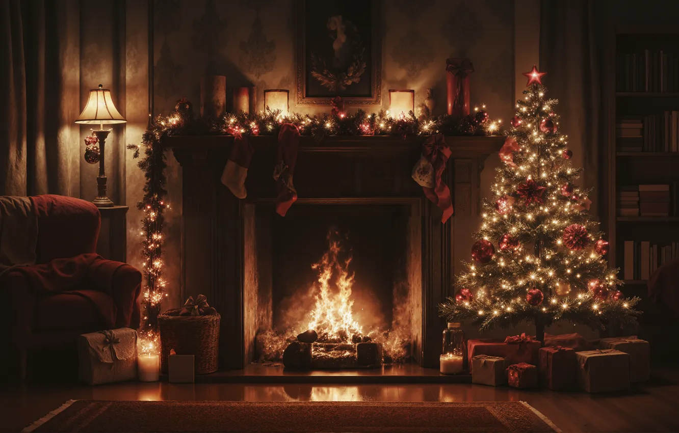 Photo wallpaper room, gift, furniture, new year, interior, Christmas, fireplace, living room