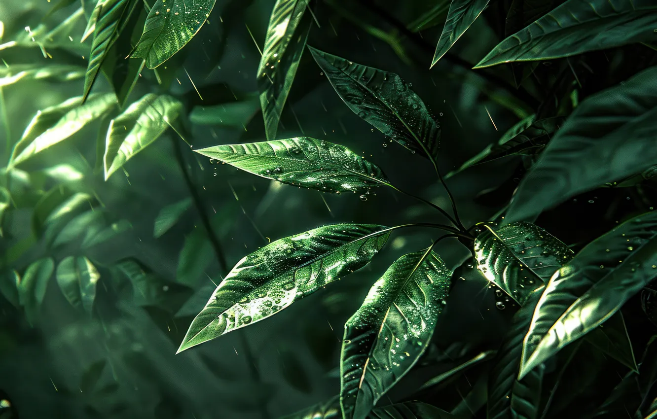 Photo wallpaper leaves, drops, tropics, rain, texture, Exotic, Tropical Plants, AI art