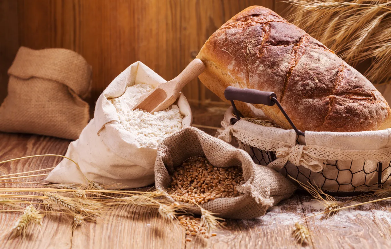 Photo wallpaper wheat, bread, ears, bags, cakes, grain, flour, scoop