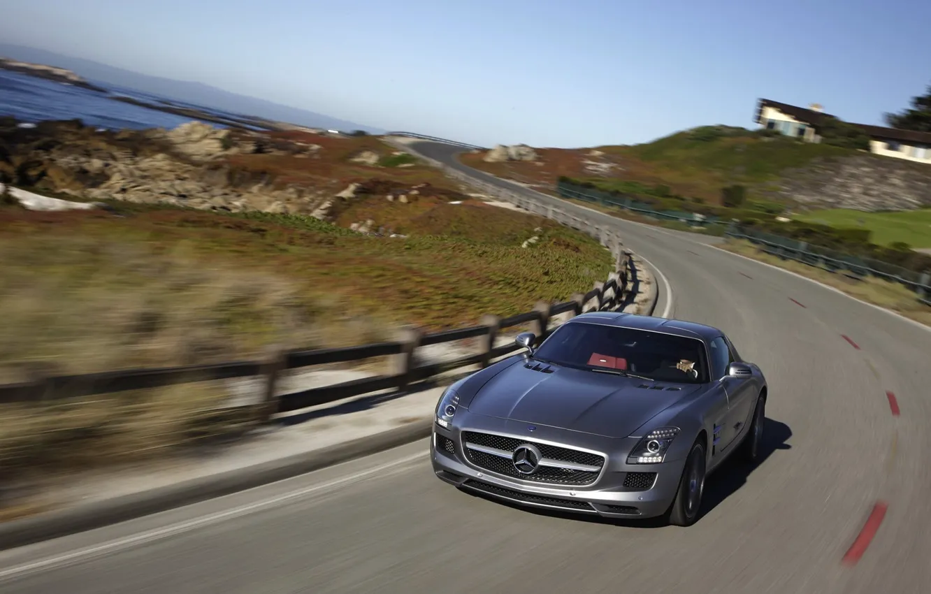 Photo wallpaper road, stones, the fence, speed, mercedes, benz, sls, amg
