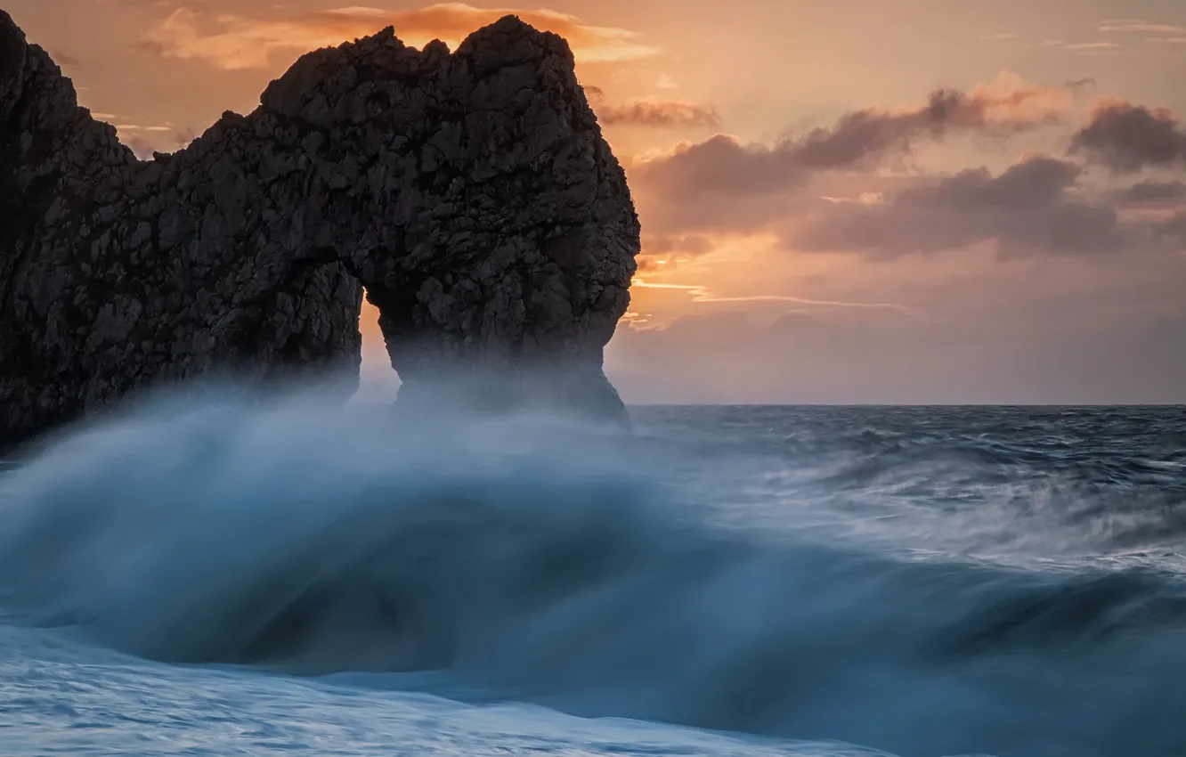 Photo wallpaper sea, sunset, rocks, wave