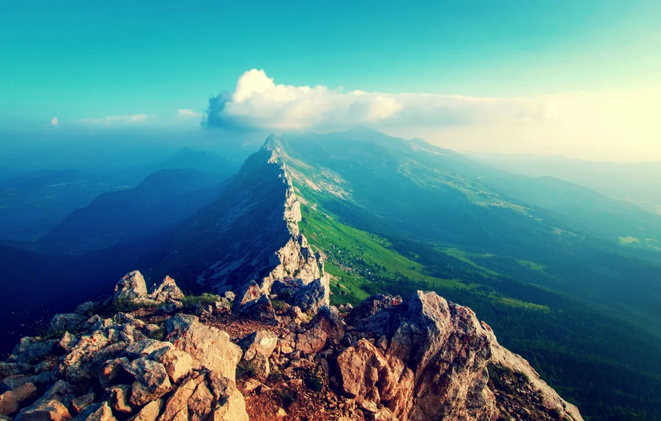 Photo wallpaper green, beautiful, mountains, view, clouds, hills, amazing, stones