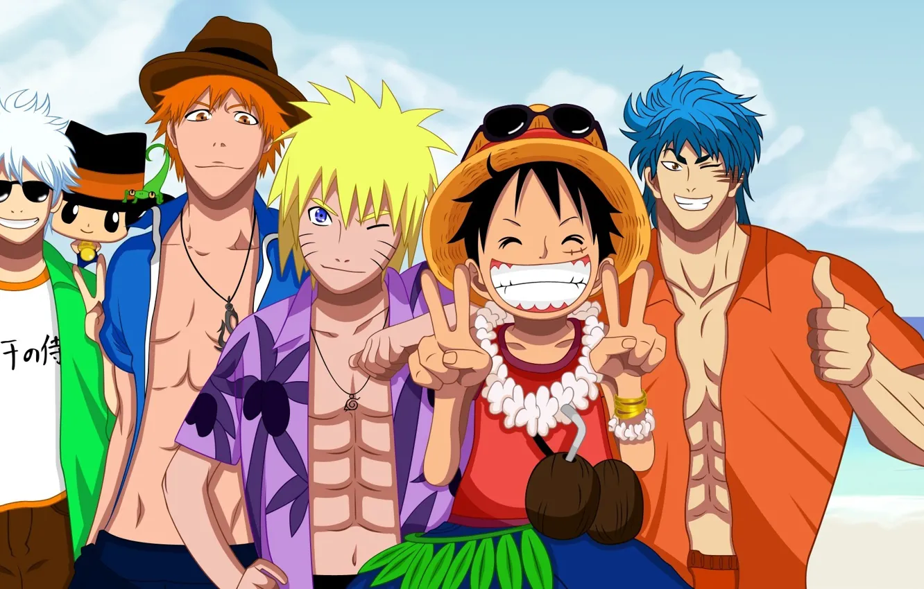 Photo wallpaper game, Bleach, Naruto, One Piece, pirate, anime, crossover, Reborn