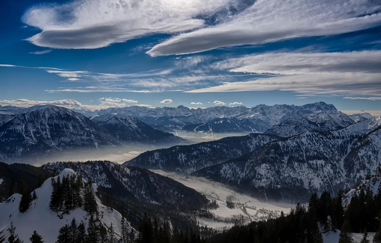 Photo wallpaper winter, the sky, clouds, snow, trees, mountains, nature, valley
