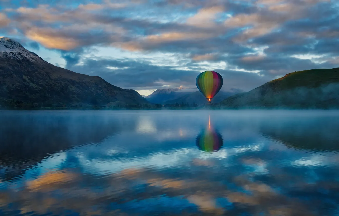Photo wallpaper landscape, mountains, nature, lake, balloon