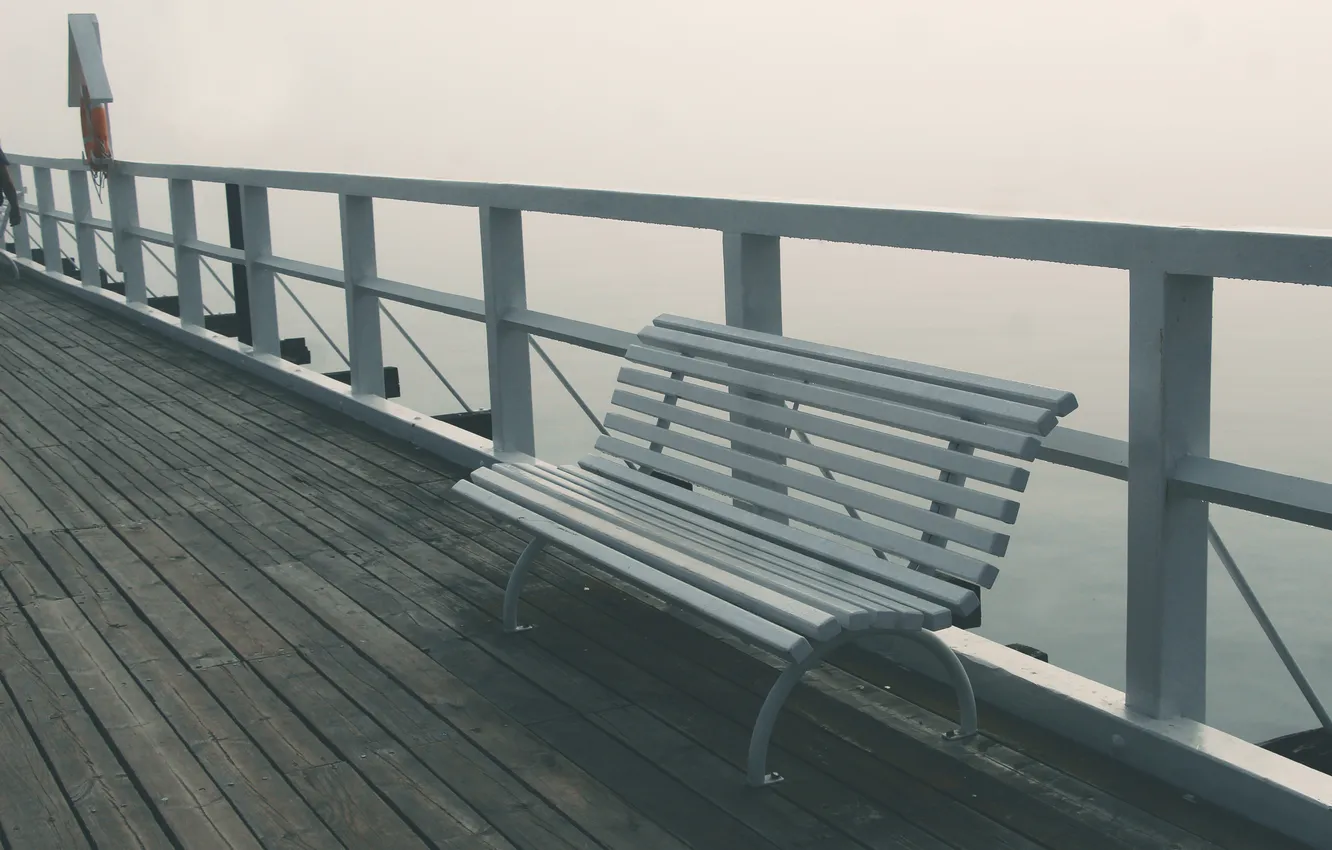 Photo wallpaper fog, bench, pier