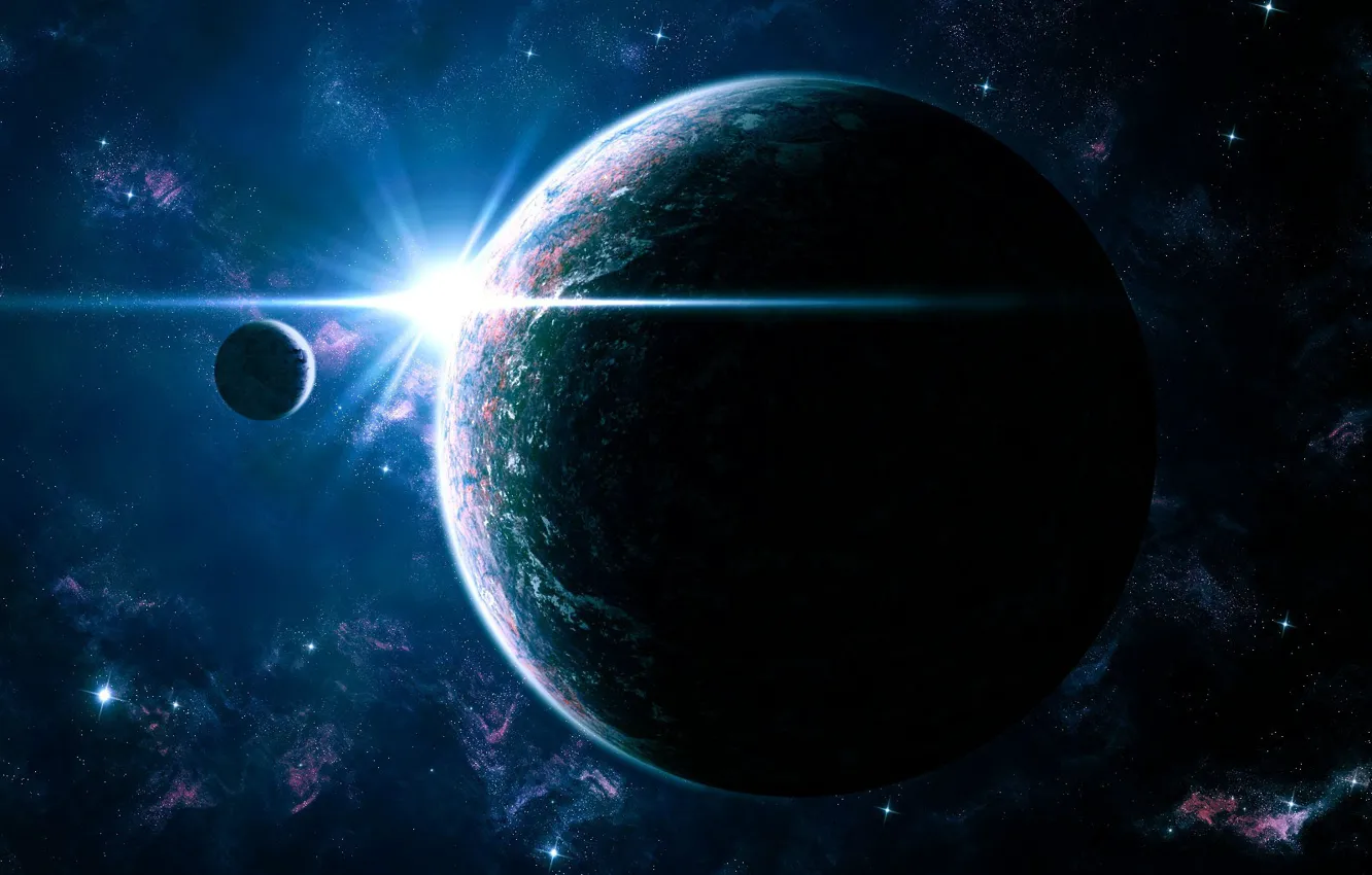 Photo wallpaper stars, light, planet, satellite, galaxy