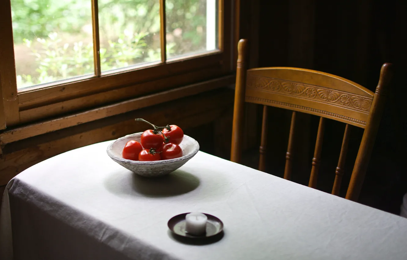 Photo wallpaper table, window, tomatoes