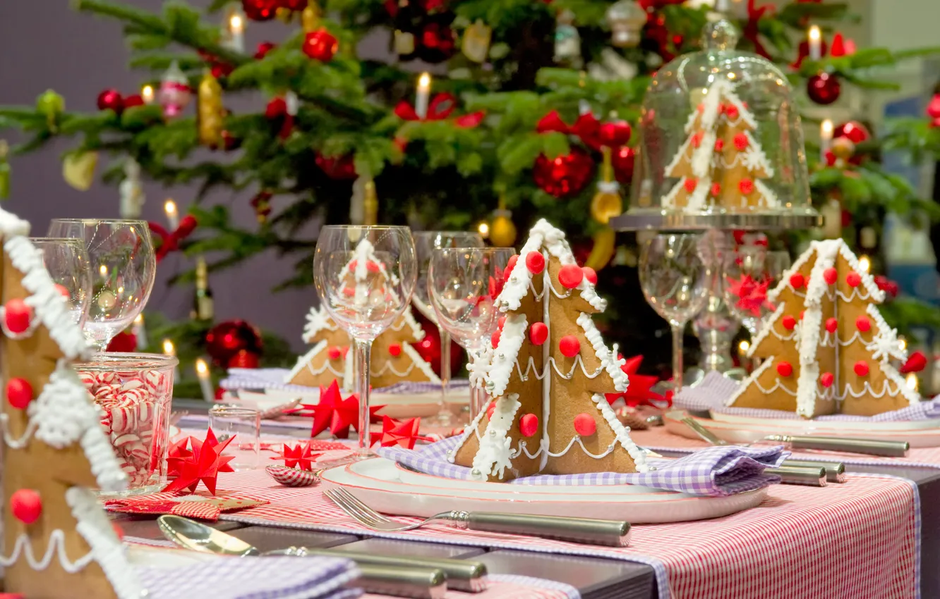 Photo wallpaper tree, Table, decoration, elegant, sweet, Christmas, Christmas trees, baked
