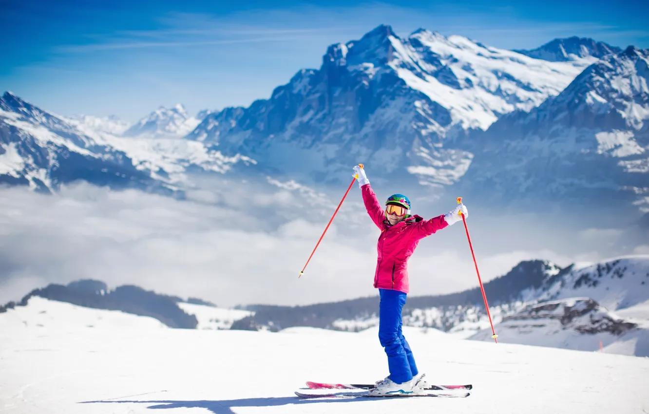 Photo wallpaper winter, girl, the sun, mountains, ski, Switzerland, frost, jacket