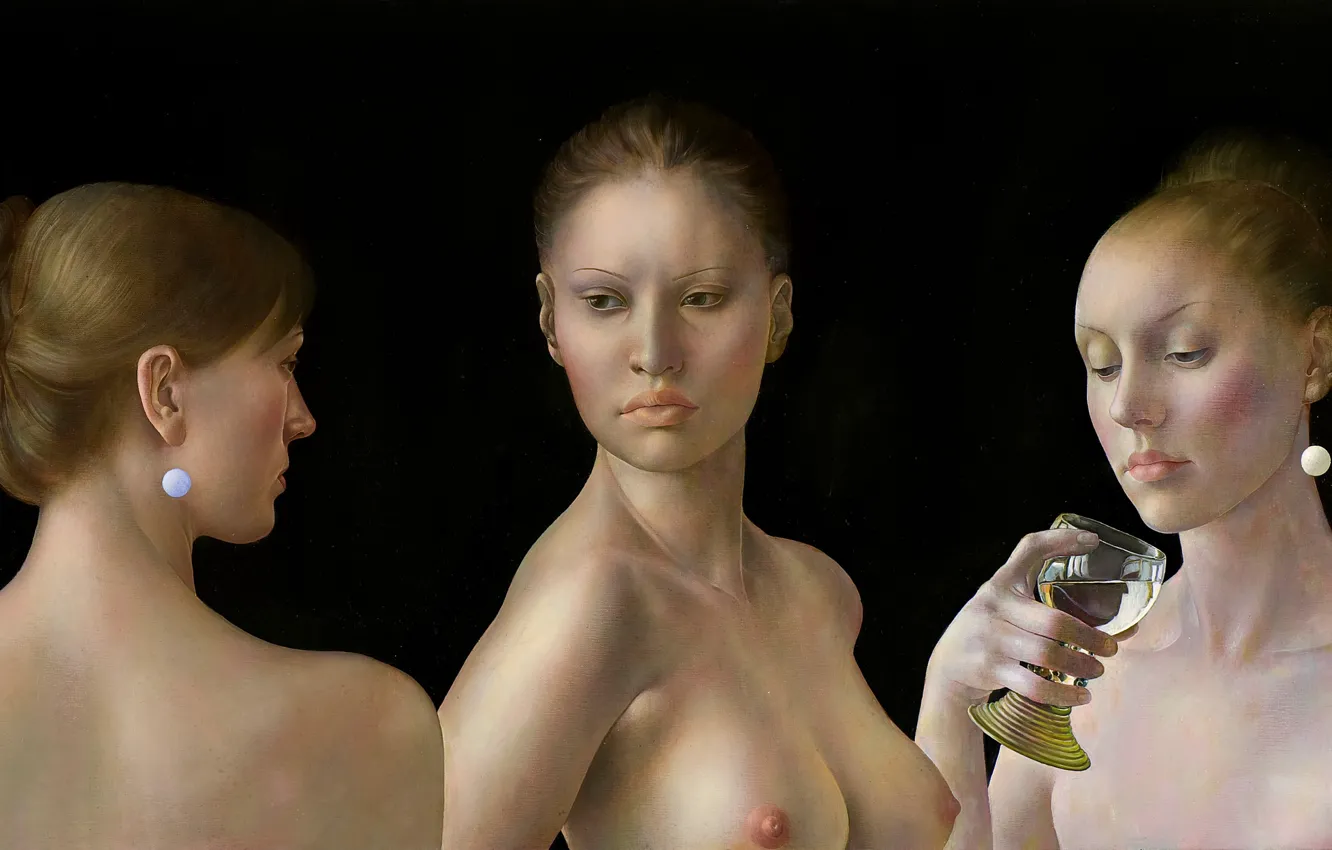 Photo wallpaper chest, black background, Figurative painting, Normunds Braslins, Women and wine