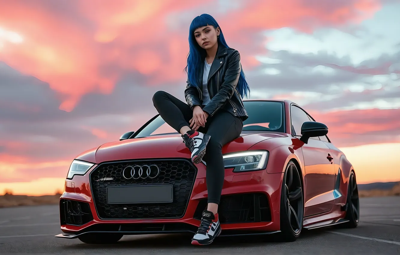 Photo wallpaper Audi, girl, road, clouds, blue hair, AI Art, AI Generated