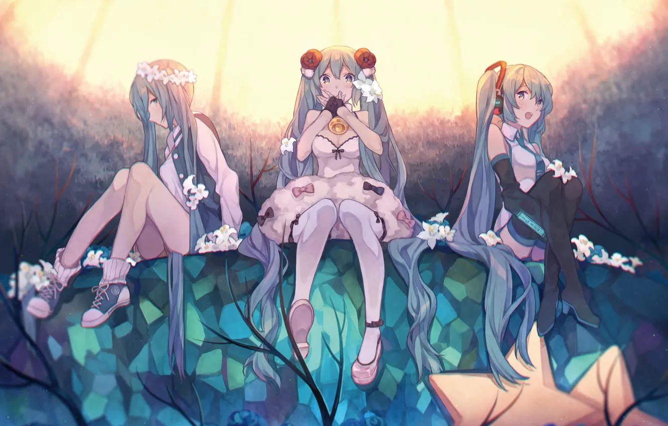 Photo wallpaper flowers, girls, anime, headphones, art, vocaloid, hatsune miku, wreath