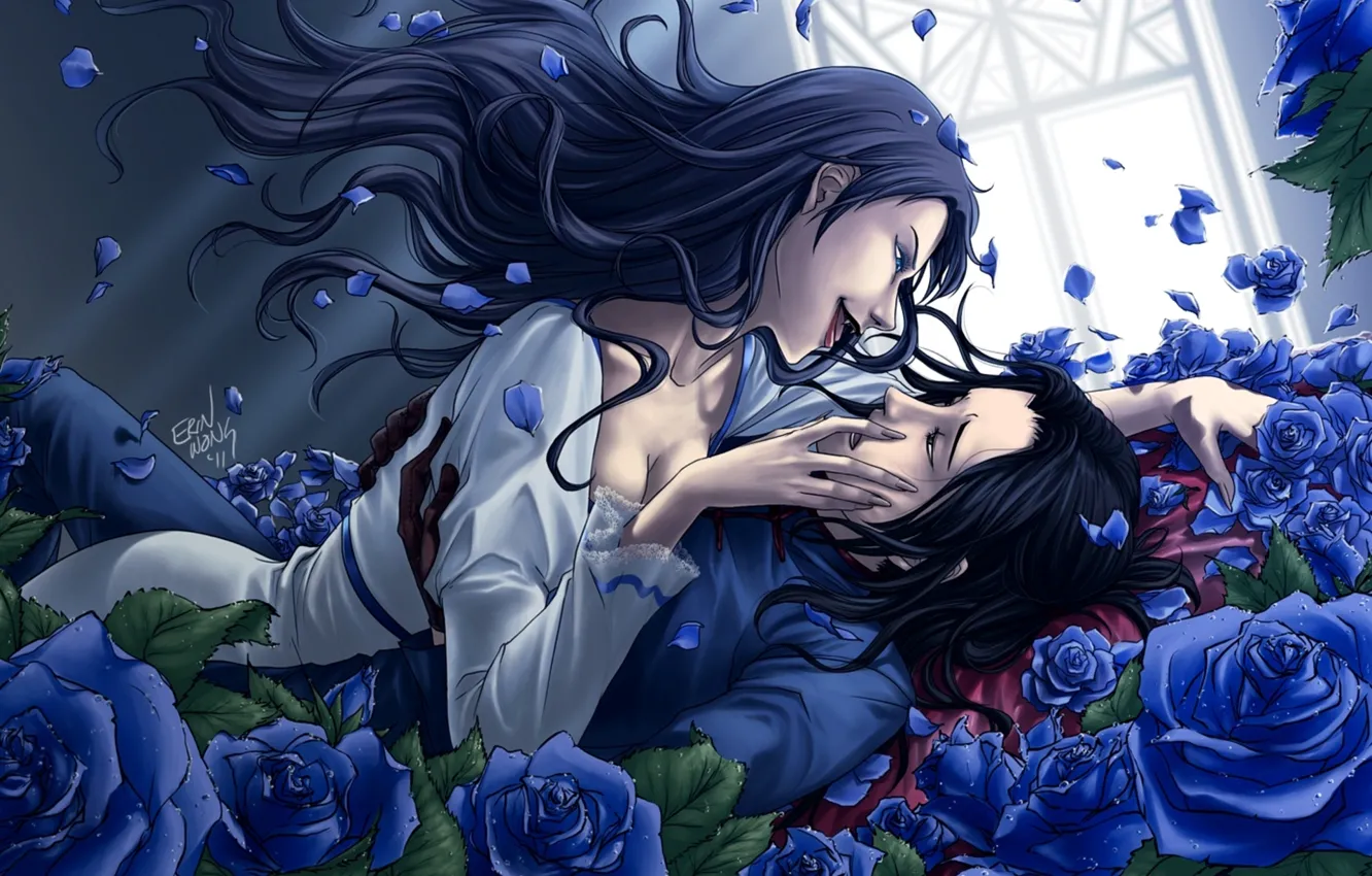 Photo wallpaper girl, roses, petals, art, hugs, fangs, guy, blue
