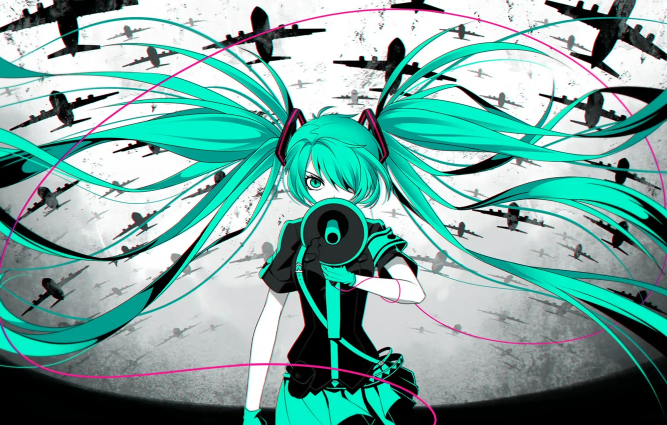 Photo wallpaper girl, anime, art, aircraft, wire, vocaloid, hatsune miku, loudspeaker