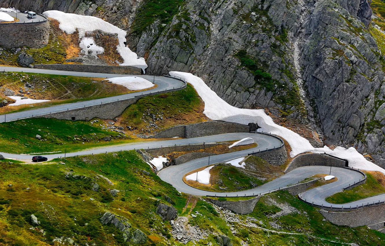 Photo wallpaper road, snow, mountains, serpentine