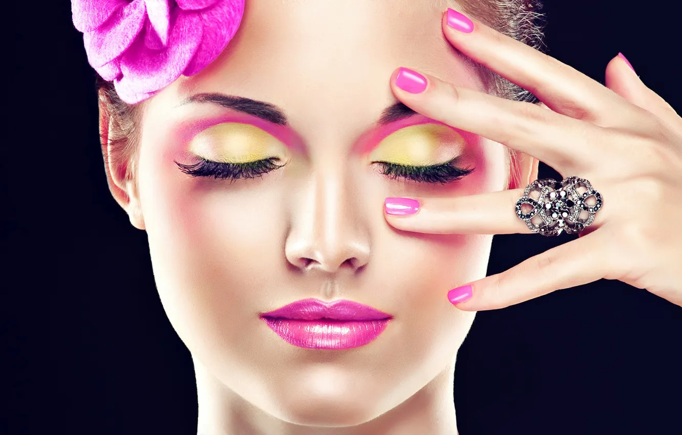 Photo wallpaper flowers, face, style, shadow, makeup, palm