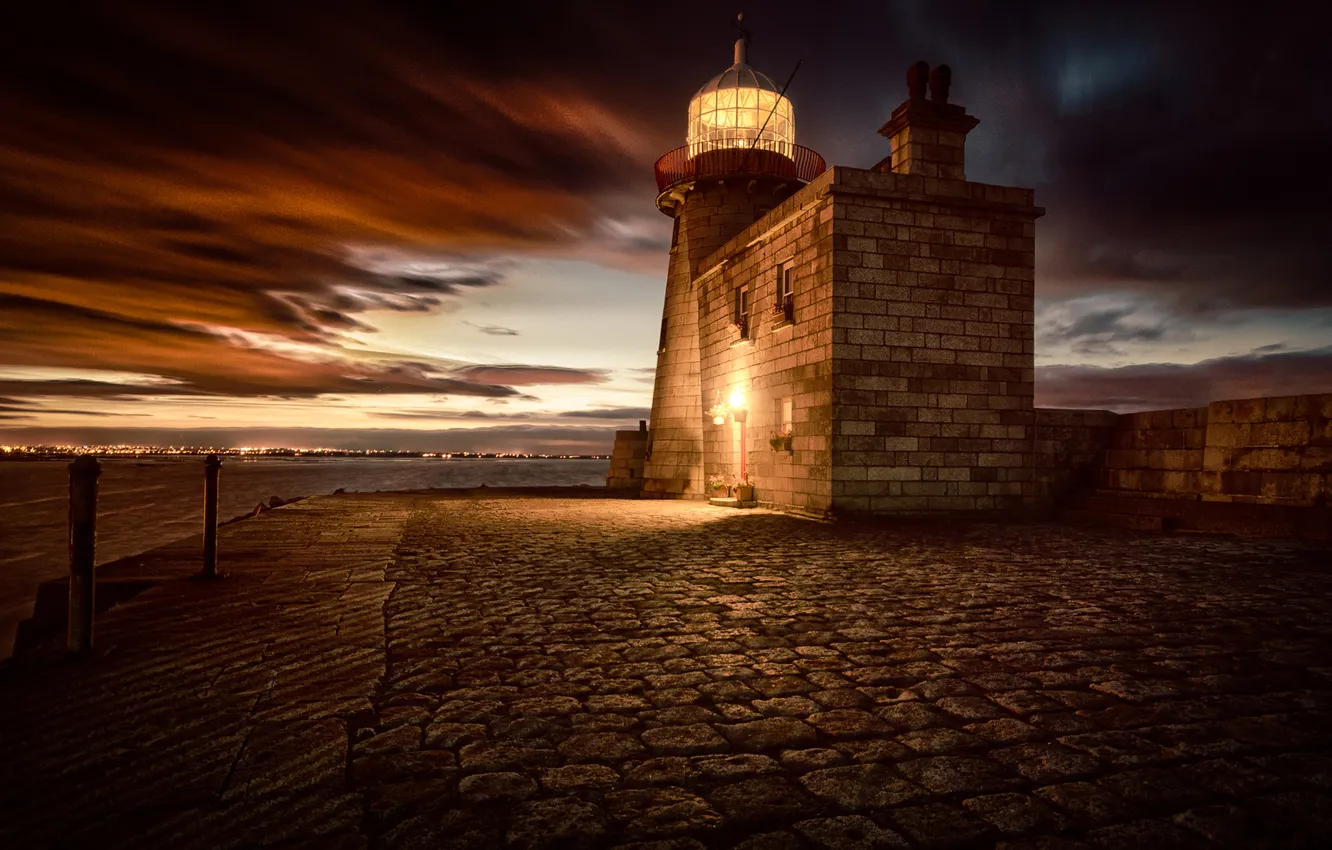 Photo wallpaper sea, light, sunset, lighthouse, the evening