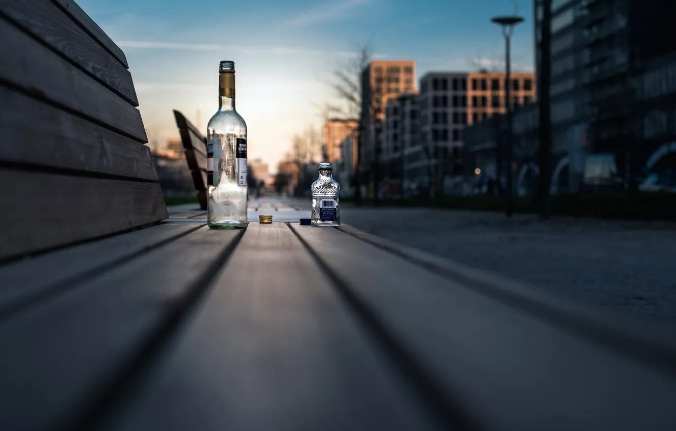 Photo wallpaper street, bottle, bench