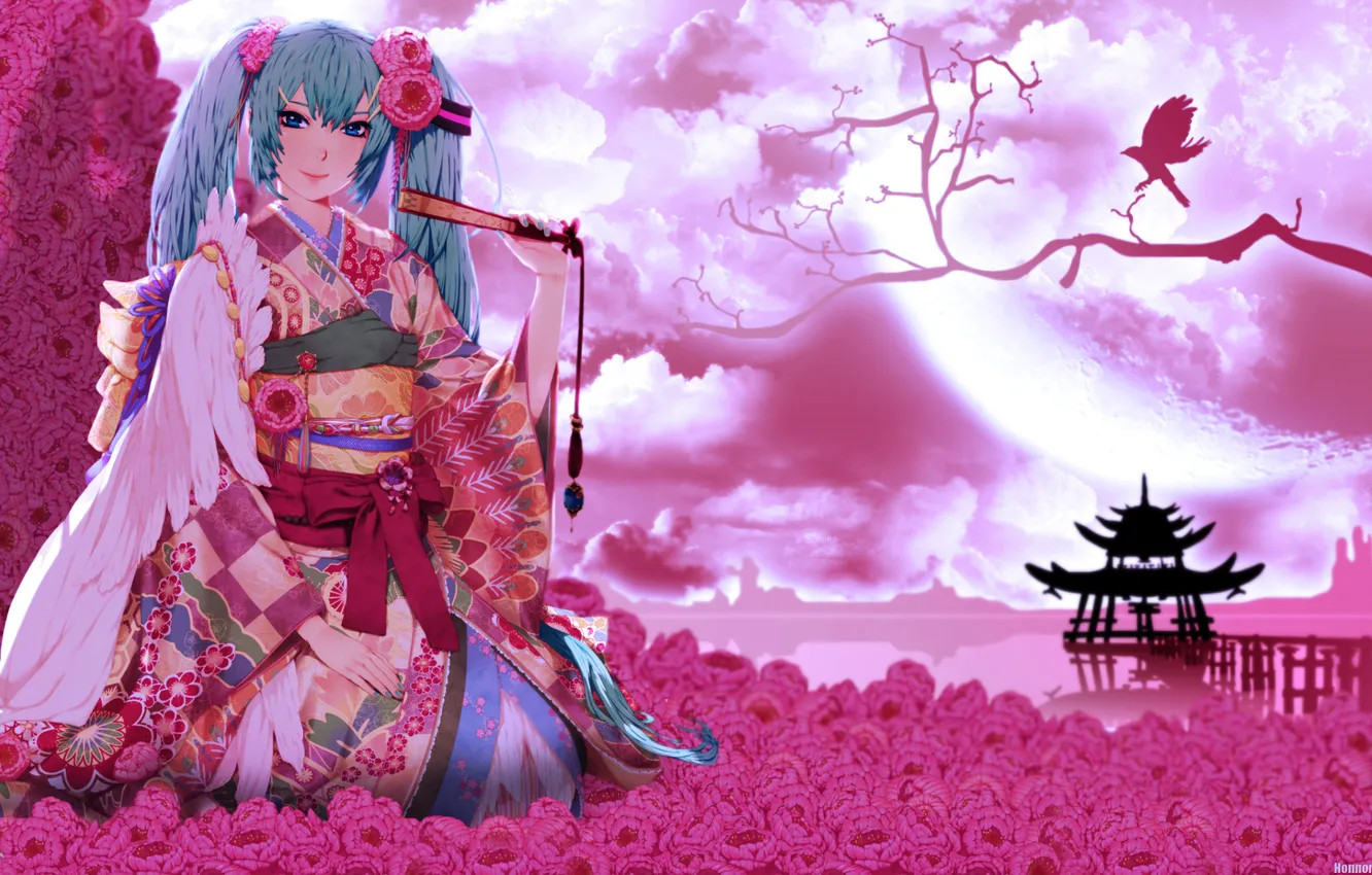 Photo wallpaper girl, flowers, anime, kimono, vocaloid, Vocaloid