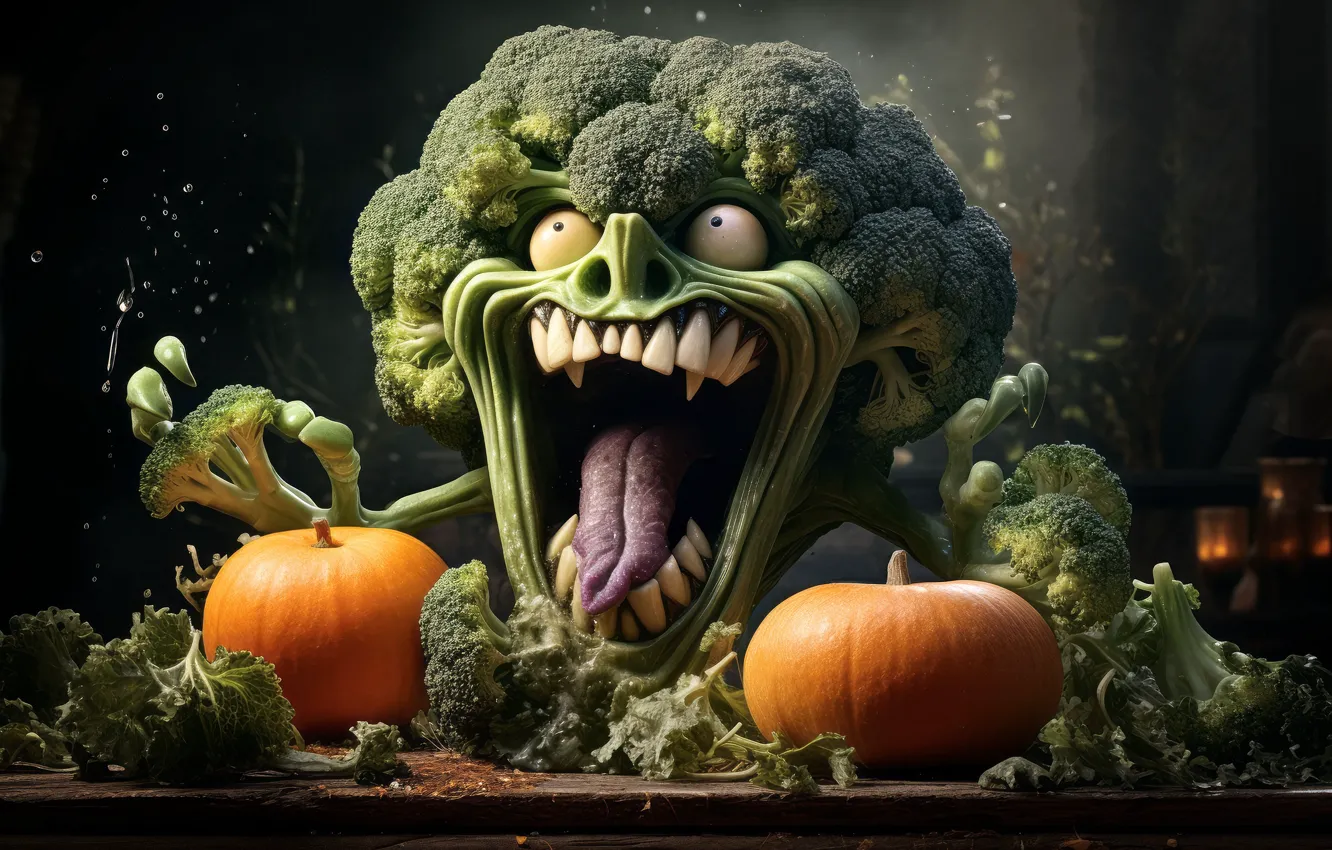 Photo wallpaper creative, teeth, mouth, mouth, pumpkin, cabbage, broccoli
