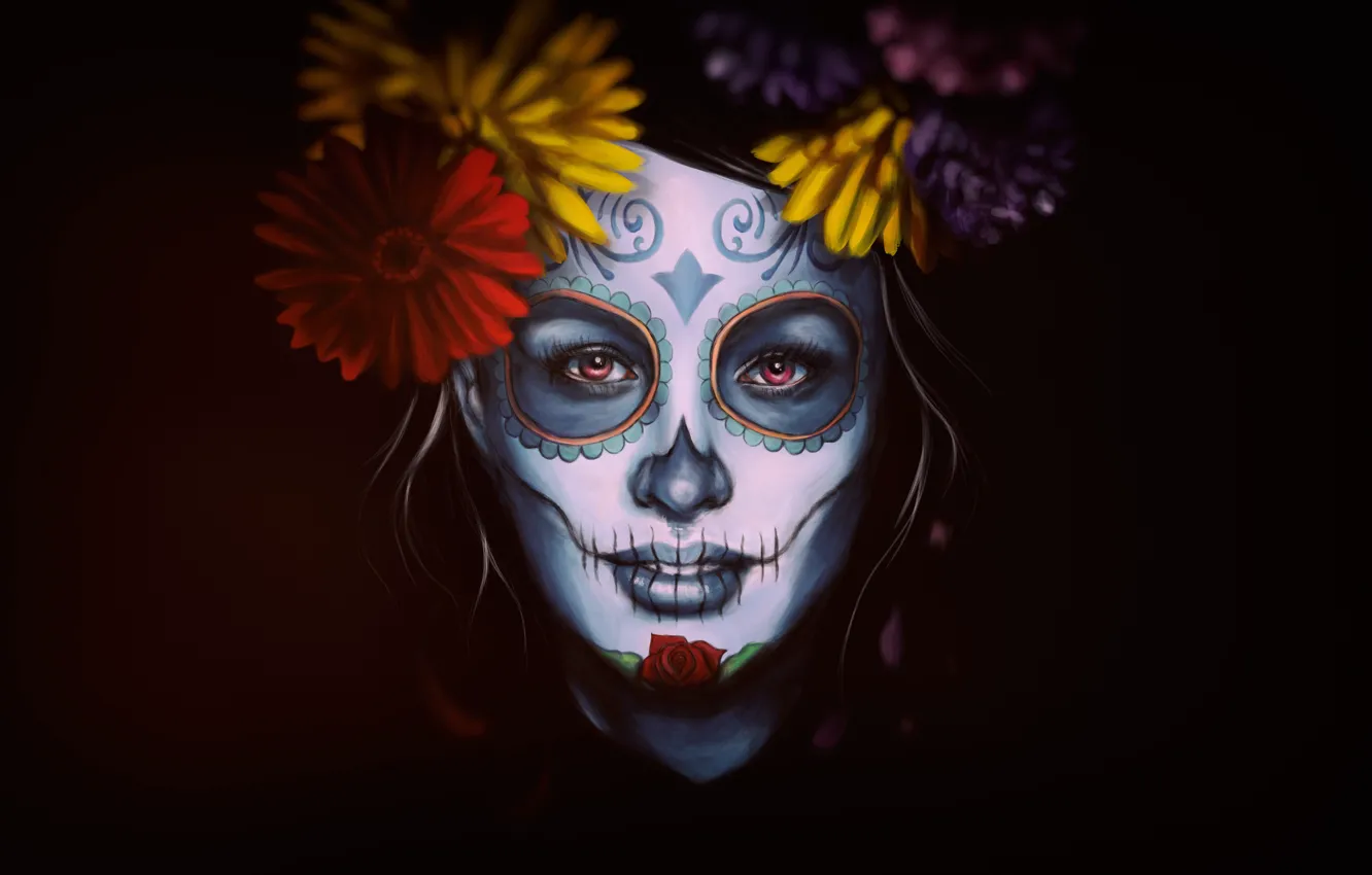 Photo wallpaper Flowers, Girl, Style, Face, Background, Calavera, Digital Art, Day of the Dead