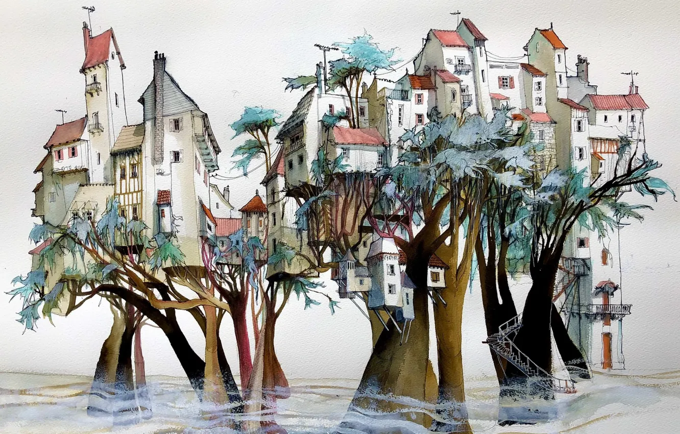 Photo wallpaper trees, figure, houses
