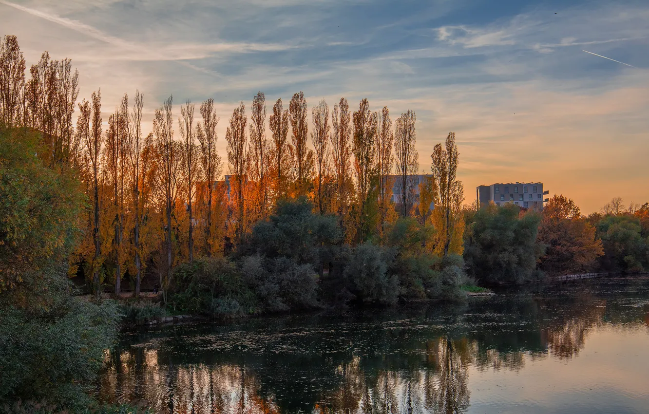 Photo wallpaper autumn, clouds, light, trees, the city, lake, pond, reflection