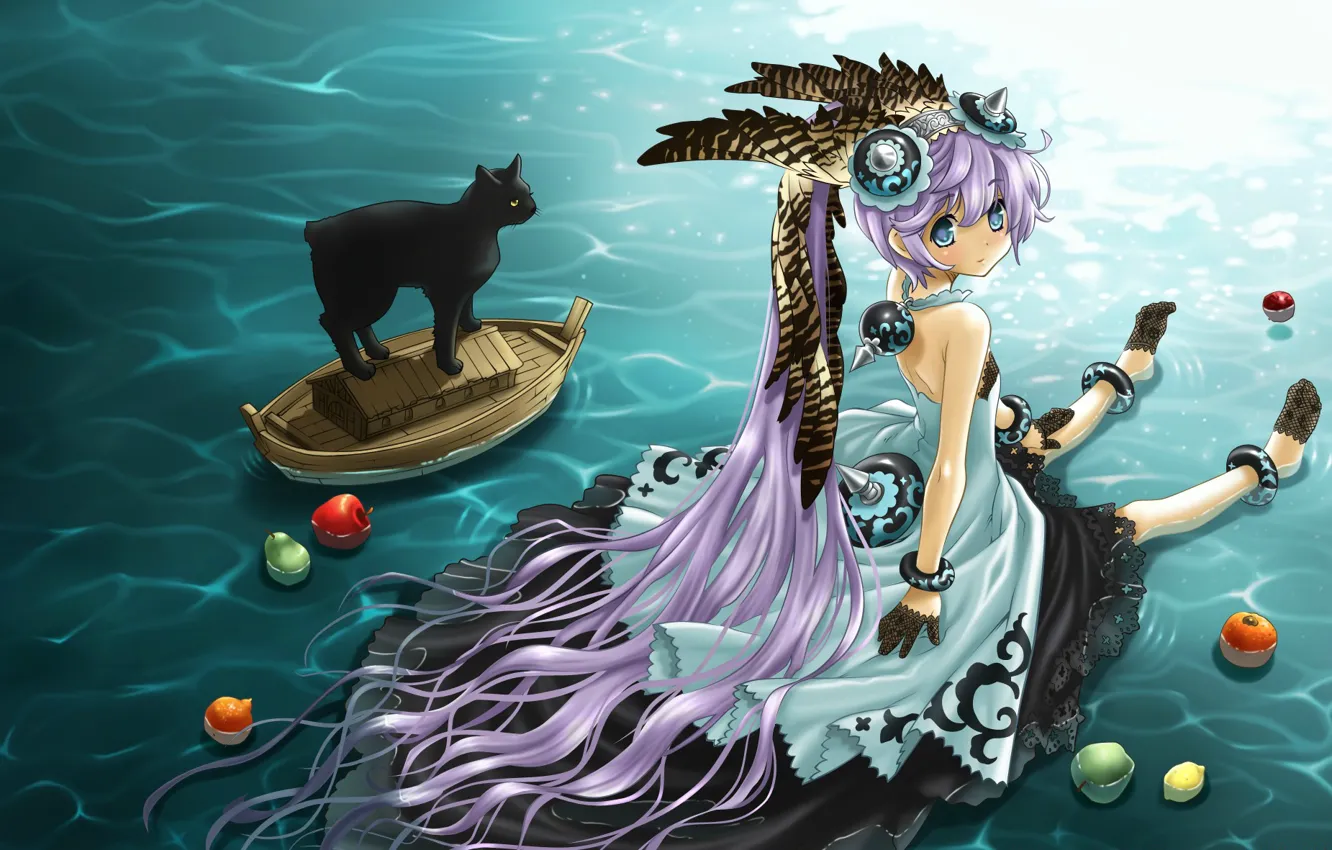 Photo wallpaper feathers, girl, fruit, long hair, headdress, sitting in the water, black cat, sideways