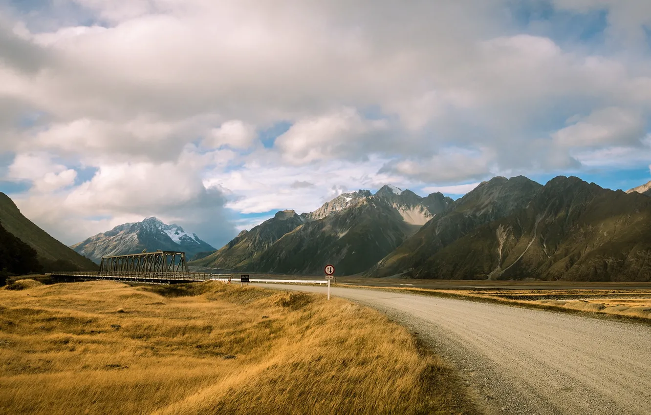 Photo wallpaper road, landscape, mountains, bridge