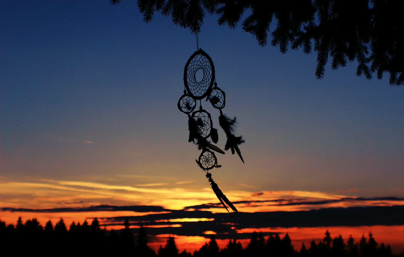 Photo wallpaper the evening, feathers, silhouette, Dreamcatcher, Dreamcatcher, Talisman